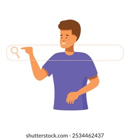 Young man is pointing at a search bar, symbolizing the concept of online research and information retrieval