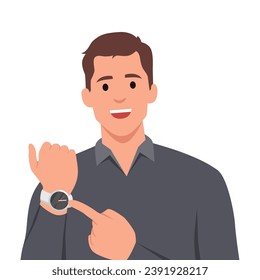 Young man pointing or showing time on his wrist watch. Flat vector illustration isolated on white background