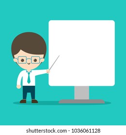 a young man is pointing something in monitor. copy space design. vector illustration.
