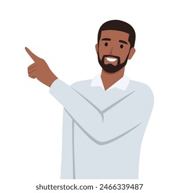 Young man pointing to the top left. Flat vector illustration isolated on white background