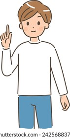 Un joven señalando. Lleva puesta una ropa de manga larga.
