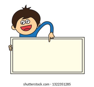 A young man points to a banner. Vector illustration.