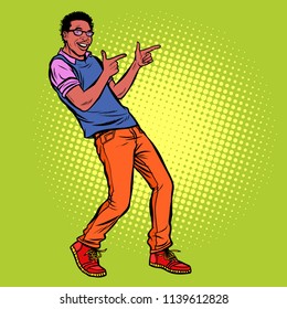 young man points fingers. African American people. Pop art retro vector illustration kitsch vintage drawing