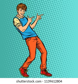 young man points fingers. Pop art retro vector illustration kitsch vintage drawing