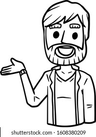 Young man points hand. Gesture and emotion. Question and doubt. Cartoon color hand drawn illustration. Happy guy invites. Palm and fashionable bearded hipster