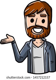 Young man points hand. Palm and fashionable bearded hipster. Happy guy invites. Gesture and emotion. Question and doubt. Cartoon color hand drawn illustration