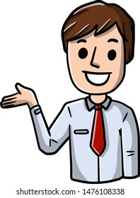 Young man points hand. Palm, Gesture and emotion. Question and doubt. Cartoon color hand drawn illustration. Happy guy invites