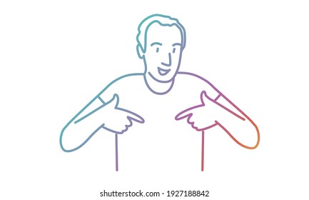 Young man points to herself. Colored line. Vector illustration.