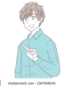 A young man points to the left side