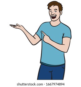 young man points to the side with both hands and laughs. blue t-shirt. isolated, comic, vector.