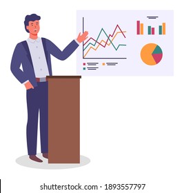 Young man points to stand with pie and bar charts, man in formal suit stands on the podium, gives a presentation. Employees, colleagues or office staff. Communicate and work. Flat vector image