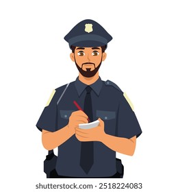 Joven oficial de policía, que emite una multa para el conductor que violó las reglas de estacionamiento. Ilustración de personaje de Vector plano