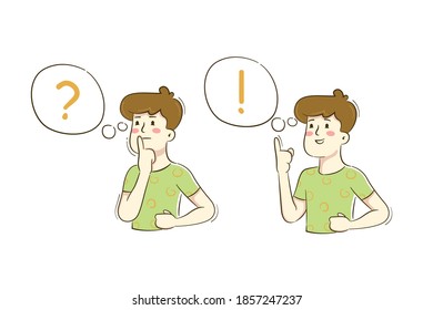 Der junge Mann überlegt das Problem und findet eine Lösung. Zeichentrickfigur einzeln auf weißem Hintergrund. Vektorgrafik.