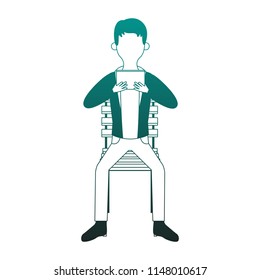 Young man with portable videogame faceless blue lines