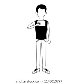 Young man with portable videogame faceless in black and white