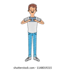 Young man with portable videogame scribble