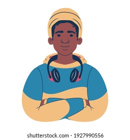 Young man portrait. Avatar of an african teenager in hoodie wearing beanie and headphones. Flat style illustration. 
