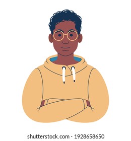Young man portrait. Avatar of an african teenager in hoodie. Flat style illustration. 
