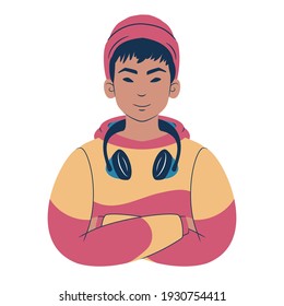 Young man portrait. Avatar of an asian teenager in hoodie wearing beanie and headphones. Flat style illustration. 
