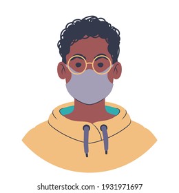 Young man portrait. Avatar of a teenager in a colorful hoodie. Flat style illustration. 
