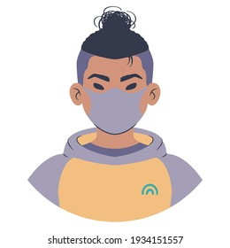 Young man portrait. Avatar of a teenager in a colorful hoodie. Flat style illustration. 
