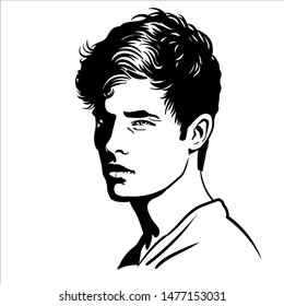 Young Man portrait. Black and white style. Lineart Vector. Illustration.