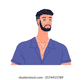 Young man portrait. Handsome male character avatar, wearing modern style glasses and necklace, jewellery accessories. Bearded guy in eyewear. Flat vector illustration isolated on white background