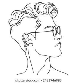 Young man portrait, line art drawing. Abstract beautiful portrait hipster boy in sunglasses is single black line on white background.