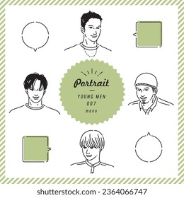 Young man portrait line illustration set (mono)
