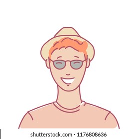Young man portrait smiling happy student in hat glasses and t-shirt avatar or vector userpic