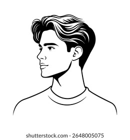 Young man portrait with trendy haircut. Beautiful portrait hipster boy, single black line icon on white background.