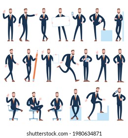 A young man poses and activities. Working, learning, making presentations. Flat design cartoon vector male character poses set.