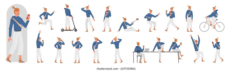 Young man poses in front, side and back view set vector illustration. Cartoon guy with beard and sunglasses riding electric scooter and bicycle, doing selfie, talking on phone isolated on white