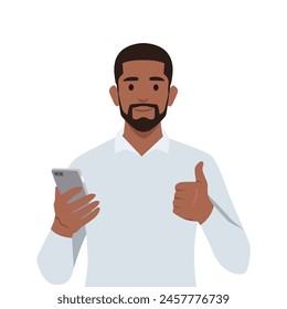 Young man Positive business man showing new brand, latest smartphone. Flat vector illustration isolated on white background