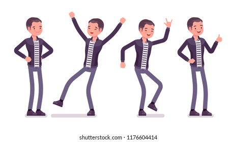 Young man positive emotions. Happy caucasian millennial boy, optimist, feels good and confident about life, jump with joy, wearing city clothing and accessories. Vector flat style cartoon illustration