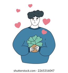 Young man with a potted plant. A person who loves plants. Vector illustration.