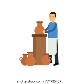 Young man potter in apron making ceramic pot. Smiling man artist. Craft hobby concept. Colorful flat vector character isolated on white.