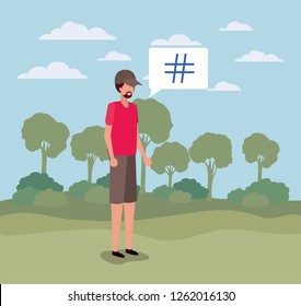 young man with pound key in speech bubble on the camp