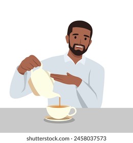 Young man pouring tea in cup from kettle. Smiling guy enjoy warm coffee. Flat vector illustration isolated on white background