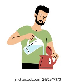 A young man pours clean water into a kettle. Health care. Daily life and lifestyle of people. Home life and kitchen. Flat vector illustration isolated on white background