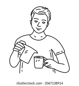 Young man pours himself coffee. Guy doing morning routine, preparing breakfast.Daily rituals. Hand drawn doodle vector illustration. Black and white sketch