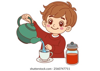 A young man pours the hot water into a teapot. Clipart cartoon.