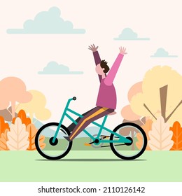 The young man practiced cycling for a month, finally finishing the training, he held out his hand happily. Flat vector illustration design