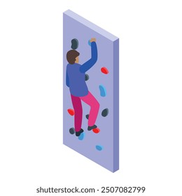 Young man is practicing climbing on an artificial wall, an isometric icon of an extreme sport