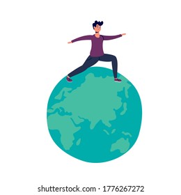 young man practicing exercise in earth planet vector illustration design