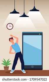 young man practicing online exercise for quarantine vector illustration design