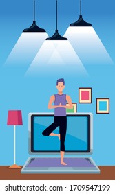 young man practicing online yoga for quarantine vector illustration design
