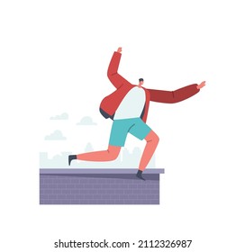 Young Man Practicing Parkour in City, Jumping Over Walls and Barriers on Street. Freerunner Character Urban Sports Active Lifestyle, Training Tricks, Extreme Stunts. Cartoon People Vector Illustration
