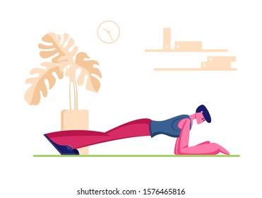 Young Man Practicing Sports Activity at Home. Male Character Stand in Plank Posture Stretching Legs and Arms. Flexibility Exercise Body Relaxation Healthy Lifestyle. Cartoon Flat Vector Illustration