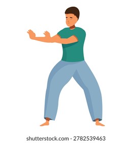 Young man practicing tai chi chuan, achieving harmony between body and mind through gentle, flowing movements